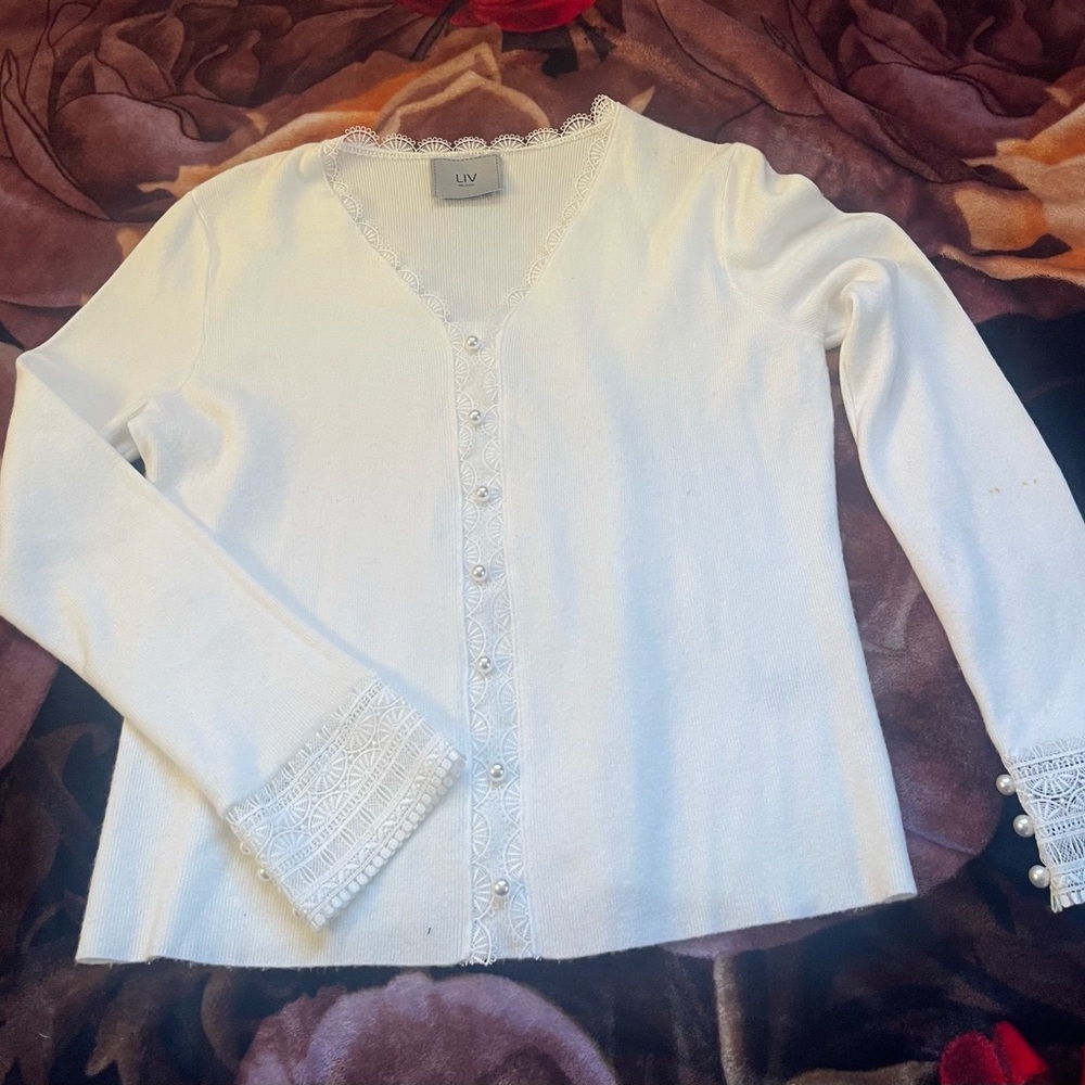 LIV  White Cardigan with Lace and Pearl Details